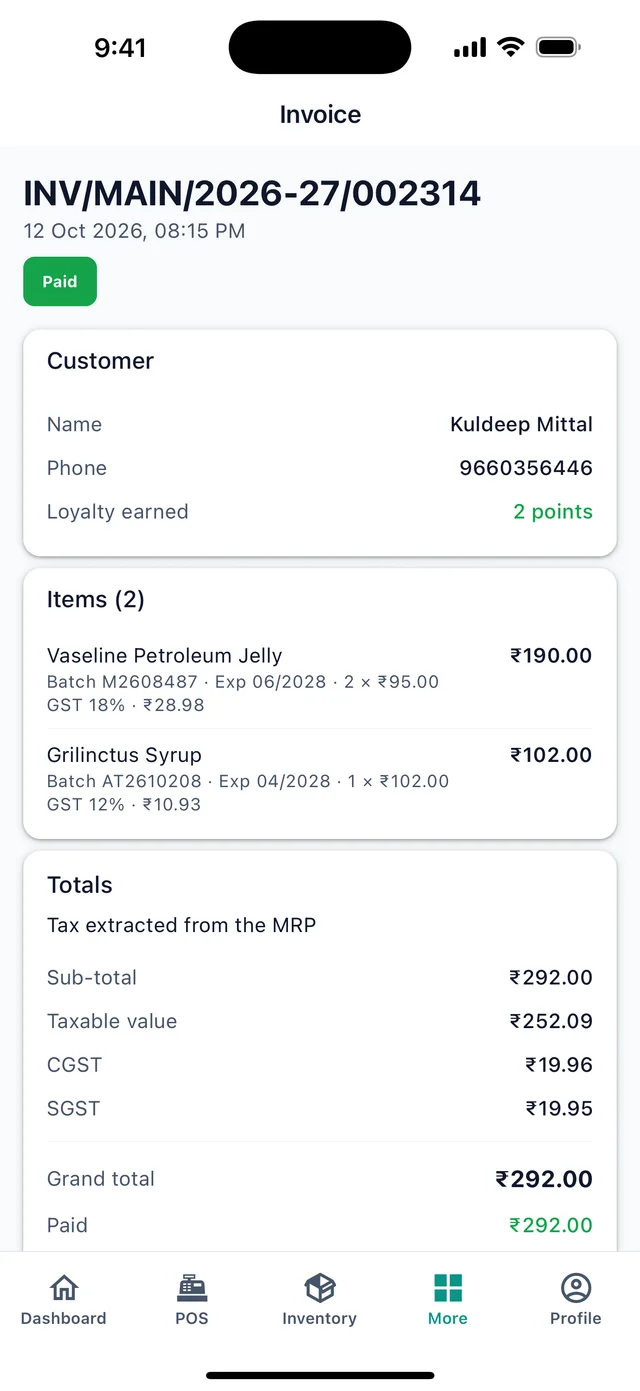 An invoice in the app
