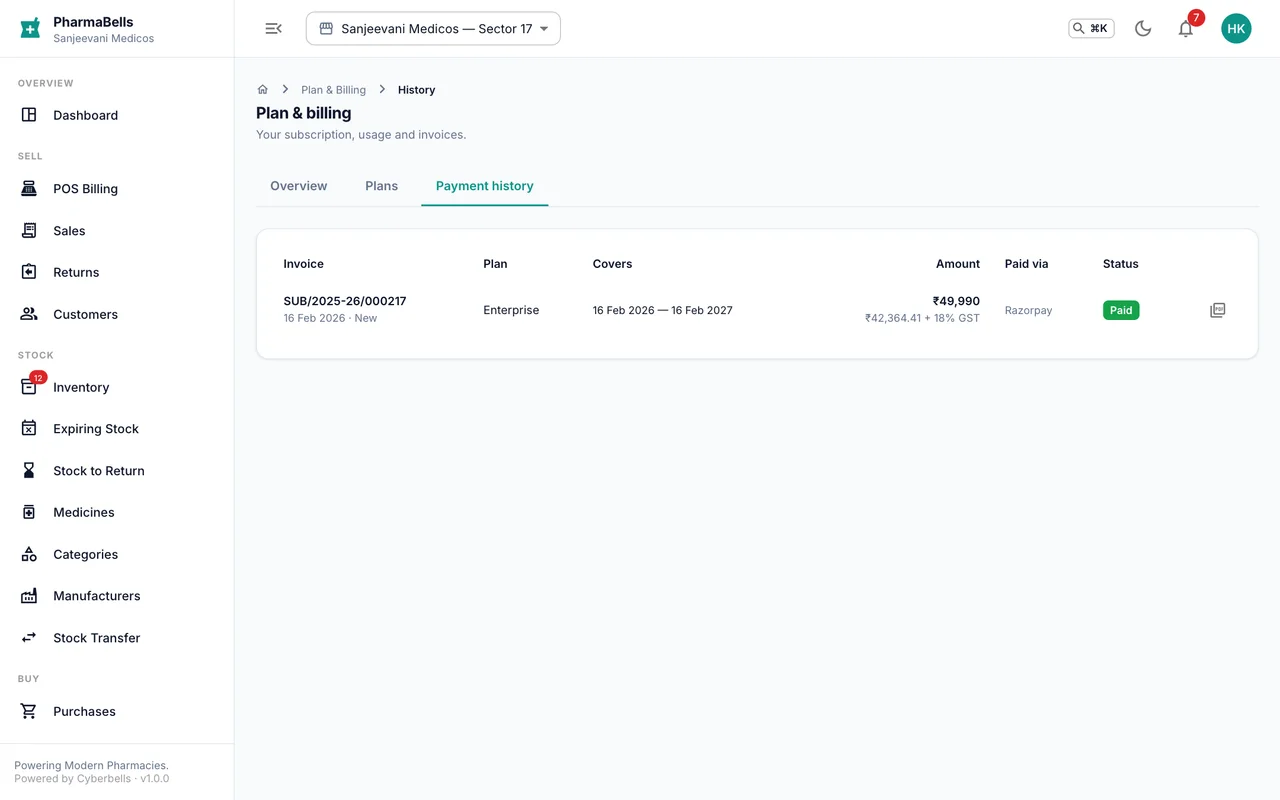 Billing history